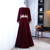 Solvbao Wine Red Velvet A-line Long Sleeves Bridesmaid Dress with Lace, Dark Red Party Dresses