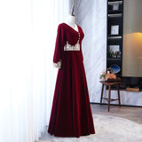 Solvbao Wine Red Velvet A-line Long Sleeves Bridesmaid Dress with Lace, Dark Red Party Dresses