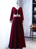 Solvbao Wine Red Velvet A-line Long Sleeves Bridesmaid Dress with Lace, Dark Red Party Dresses