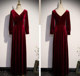 Solvbao Wine Red Velvet Long Sleeves V-neckline Wedding Party Dresses, Dark Red Prom Dresses