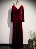 Solvbao Wine Red Velvet Long Sleeves V-neckline Wedding Party Dresses, Dark Red Prom Dresses