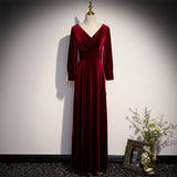 Solvbao Wine Red Velvet Long Sleeves V-neckline Wedding Party Dresses, Dark Red Prom Dresses