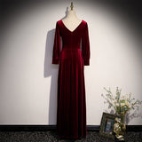 Solvbao Wine Red Velvet Long Sleeves V-neckline Wedding Party Dresses, Dark Red Prom Dresses