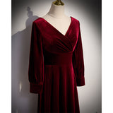 Solvbao Wine Red Velvet Long Sleeves V-neckline Wedding Party Dresses, Dark Red Prom Dresses