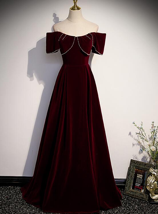 Solvbao Wine Red Velvet Off the Shoulder Beaded Long Party Dress Prom Dress, Dark Red Bridesmaid Dresses