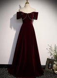 Solvbao Wine Red Velvet Off the Shoulder Beaded Long Party Dress Prom Dress, Dark Red Bridesmaid Dresses