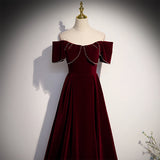 Solvbao Wine Red Velvet Off the Shoulder Beaded Long Party Dress Prom Dress, Dark Red Bridesmaid Dresses