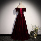 Solvbao Wine Red Velvet Off the Shoulder Beaded Long Party Dress Prom Dress, Dark Red Bridesmaid Dresses