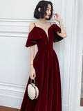 Solvbao Wine Red Velvet Straps V-neckline Long Party Dress, A-line Burgundy Formal Dresses