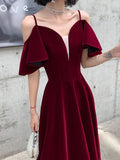 Solvbao Wine Red Velvet Straps V-neckline Long Party Dress, A-line Burgundy Formal Dresses