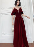 Solvbao Wine Red Velvet Straps V-neckline Long Party Dress, A-line Burgundy Formal Dresses