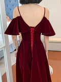 Solvbao Wine Red Velvet Straps V-neckline Long Party Dress, A-line Burgundy Formal Dresses