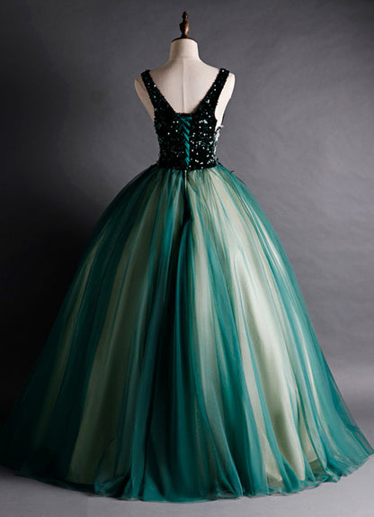 Solvbao Green Ball Gown V-neckline Sequins Long Formal Dress, Green Sequins Prom Dress