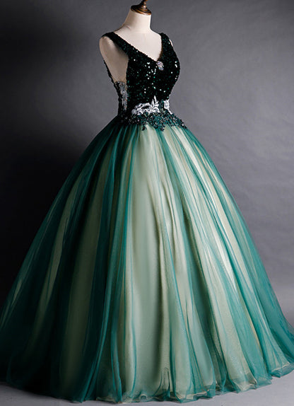 Solvbao Green Ball Gown V-neckline Sequins Long Formal Dress, Green Sequins Prom Dress