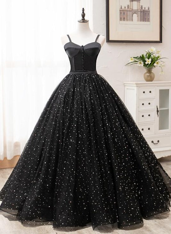 Solvbao Beautiful Black Prom Dresses, Princess Spaghetti Straps Sleeveless Backless Party Dress