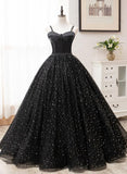 Solvbao Beautiful Black Prom Dresses, Princess Spaghetti Straps Sleeveless Backless Party Dress