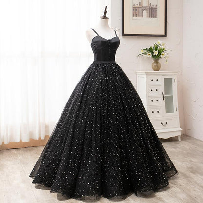 Solvbao Beautiful Black Prom Dresses, Princess Spaghetti Straps Sleeveless Backless Party Dress