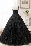 Solvbao Beautiful Black Prom Dresses, Princess Spaghetti Straps Sleeveless Backless Party Dress