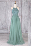 kamahe A Line Backless Lace Green Long Prom Dresses, Backless Green Lace Formal Graduation Evening Dresses