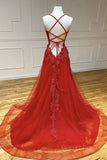 kamahe A Line Backless Red Lace Long Prom Dress, Long Red Lace Formal Dress, Red Evening Dress