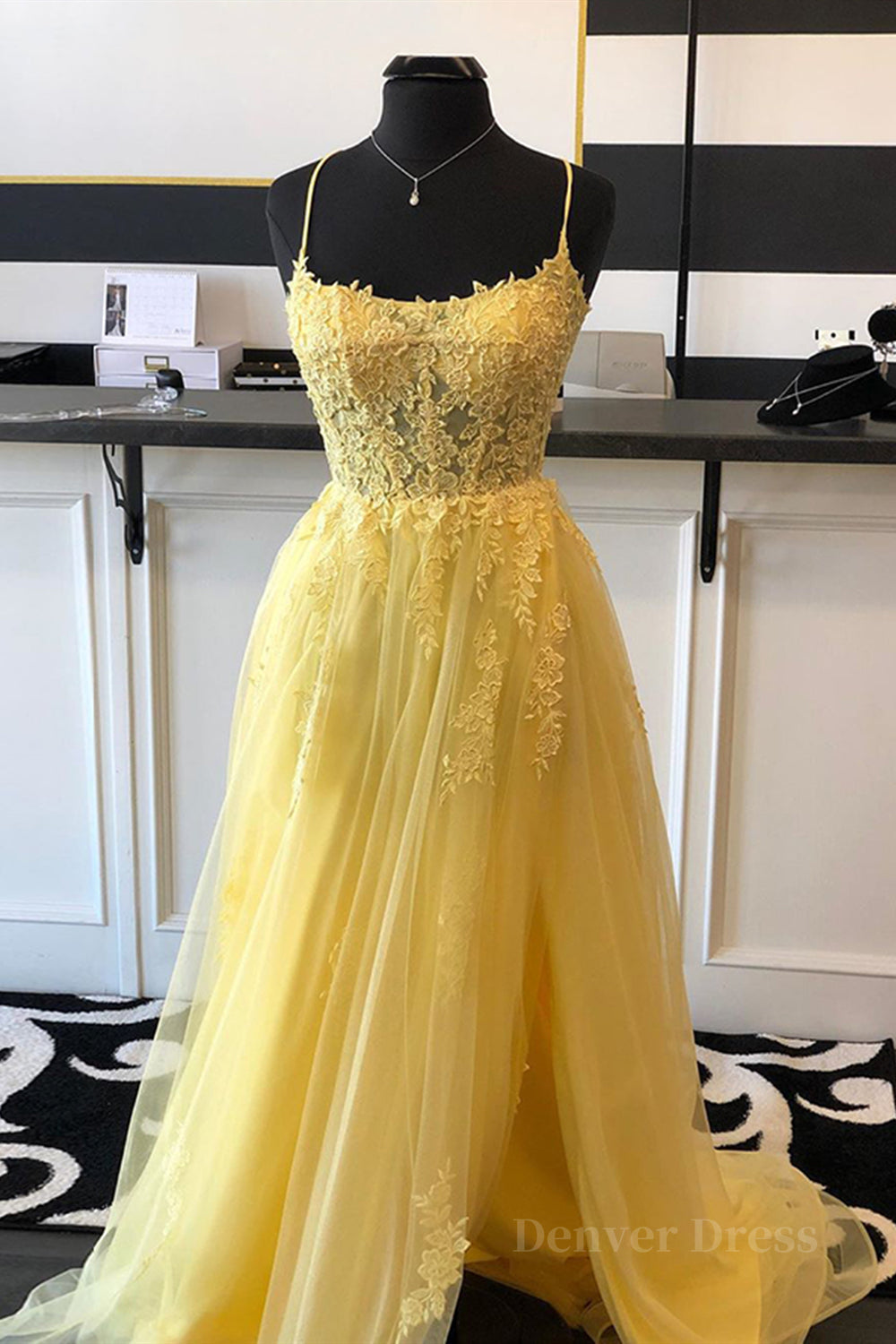 kamahe A Line Backless Yellow Lace Floral Long Prom Dress with High Slit, Open Back Yellow Lace Formal Dress, Yellow Lace Evening Dress