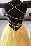 kamahe A Line Backless Yellow Lace Floral Long Prom Dress with High Slit, Open Back Yellow Lace Formal Dress, Yellow Lace Evening Dress