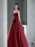 kamahe A line Burgundy Strapless Prom Dresses Evening Dress