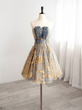 A-Line Gold/Blue Lace  Short Prom Dress, Cute Homecoming Dress with Beading