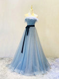 kamahe A-Line Gray Blue Tulle Long Prom Dress, Gray Blue Long Formal Dress