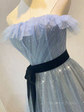 kamahe A-Line Gray Blue Tulle Long Prom Dress, Gray Blue Long Formal Dress