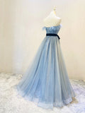 kamahe A-Line Gray Blue Tulle Long Prom Dress, Gray Blue Long Formal Dress