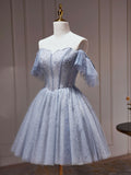 A-Line Gray Blue Tulle Short Prom Dress. Cute Gray Blue Homecoming Dress