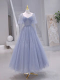 kamahe A-Line Long sleeves Beading Gray Blue Long Prom Dress, Gray Blue Formal Dress