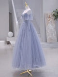 kamahe A-Line Long sleeves Beading Gray Blue Long Prom Dress, Gray Blue Formal Dress