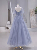 kamahe A-Line Long sleeves Beading Gray Blue Long Prom Dress, Gray Blue Formal Dress