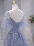 kamahe A-Line Long sleeves Beading Gray Blue Long Prom Dress, Gray Blue Formal Dress