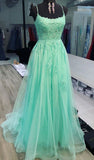 kamahe A Line Mint Green Lace Long Prom Dresses, Mint Green Lace Formal Graduation Evening Dresses