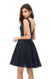 A-Line Navy Blue V-neck Mini Short Beading Homecoming Dresses k08