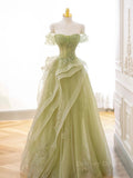 kamahe A-Line Off Shoulder Green Lace Long Prom Dress, Green Formal Dress