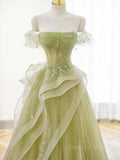 kamahe A-Line Off Shoulder Green Lace Long Prom Dress, Green Formal Dress