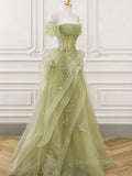 kamahe A-Line Off Shoulder Green Lace Long Prom Dress, Green Formal Dress