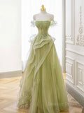 kamahe A-Line Off Shoulder Green Lace Long Prom Dress, Green Formal Dress