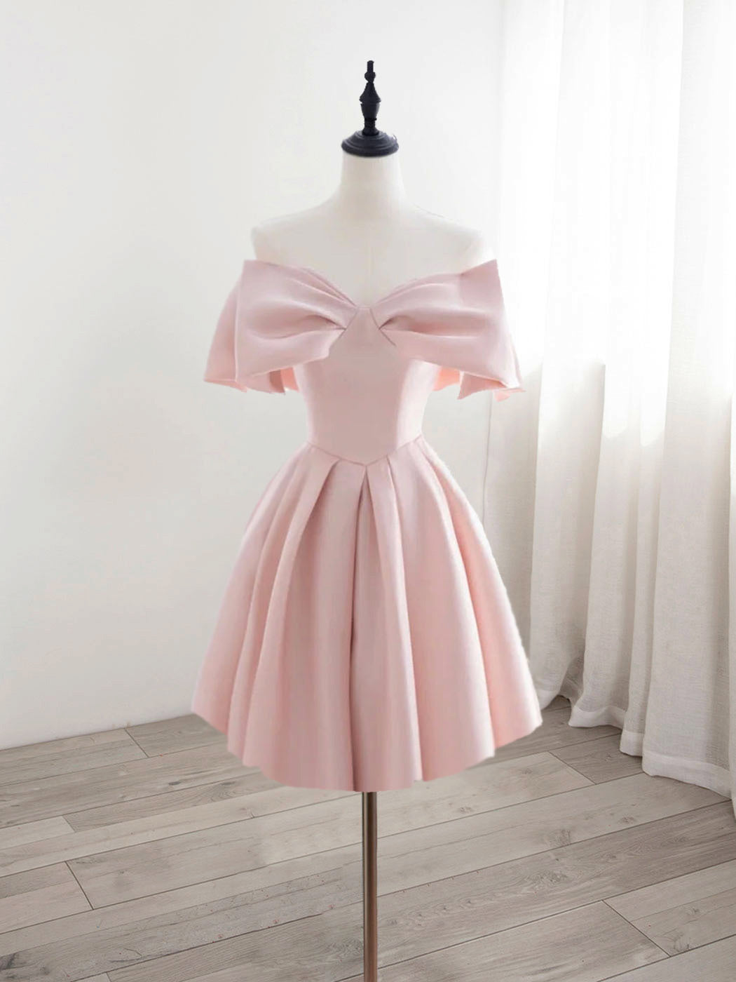 A-Line Off Shoulder Satin Pink Short Prom Dress, Pink Homecoming Dress