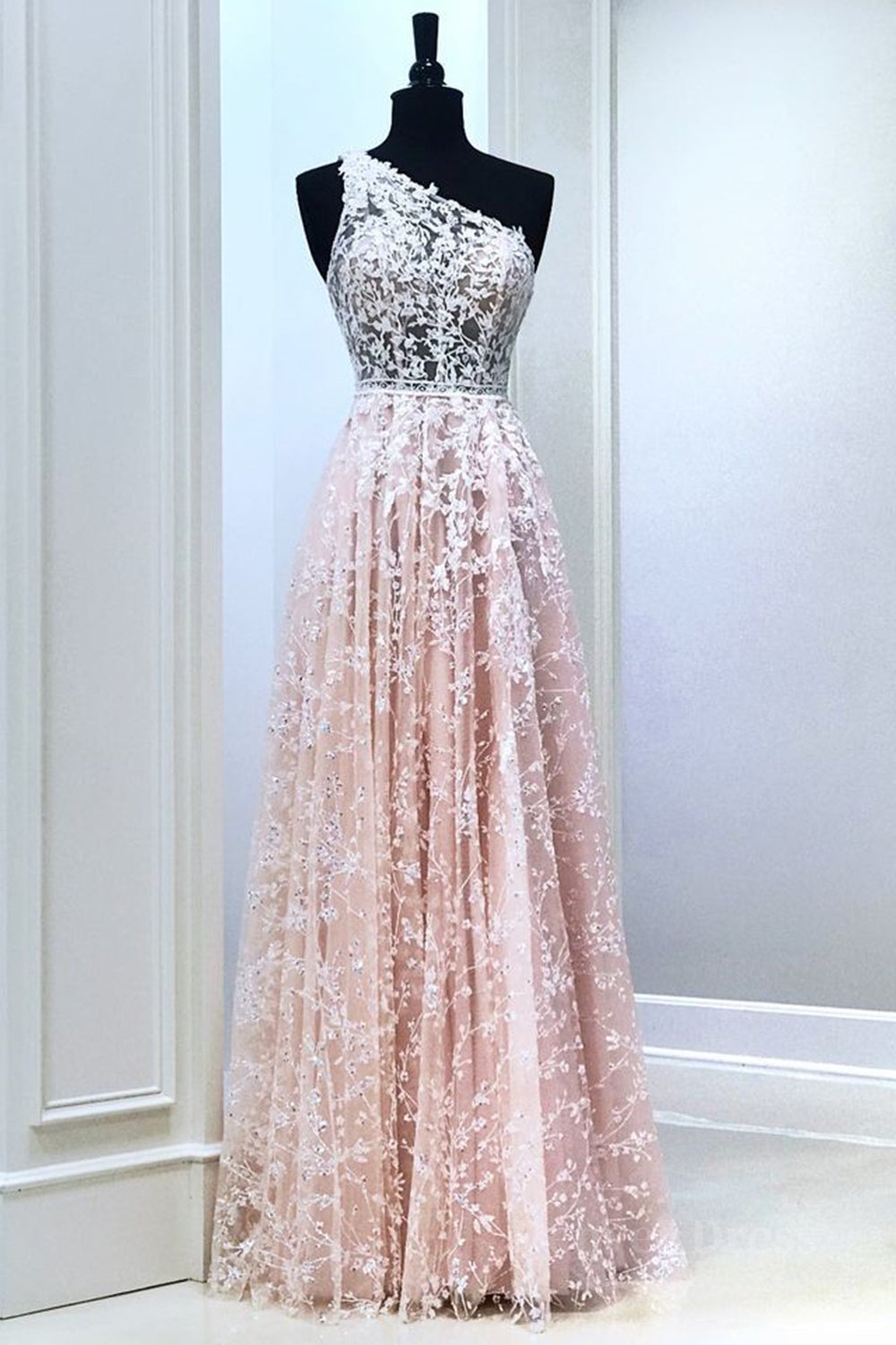 kamahe A Line One Shoulder Pink Lace Long Prom Dress, Pink Lace Formal Dress, Pink Evening Dress