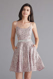 A-Line Pink Leopard Sequins Spaghetti Straps Cross Back Homecoming Dresses