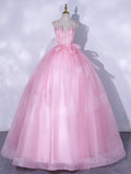 kamahe A-Line Pink Tulle Lace Long Prom Dress, Pink Formal Dresses