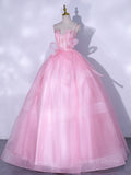 kamahe A-Line Pink Tulle Lace Long Prom Dress, Pink Formal Dresses