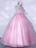 kamahe A-Line Pink Tulle Lace Long Prom Dress, Pink Formal Dresses