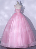 kamahe A-Line Pink Tulle Lace Long Prom Dress, Pink Formal Dresses