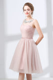 A-Line Pink Tulle Lace Pleats Knee Length Homecoming Dresses